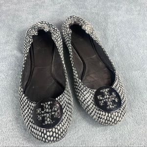 Tory Burch Reva Black White Calf Hair Snake Print Flats